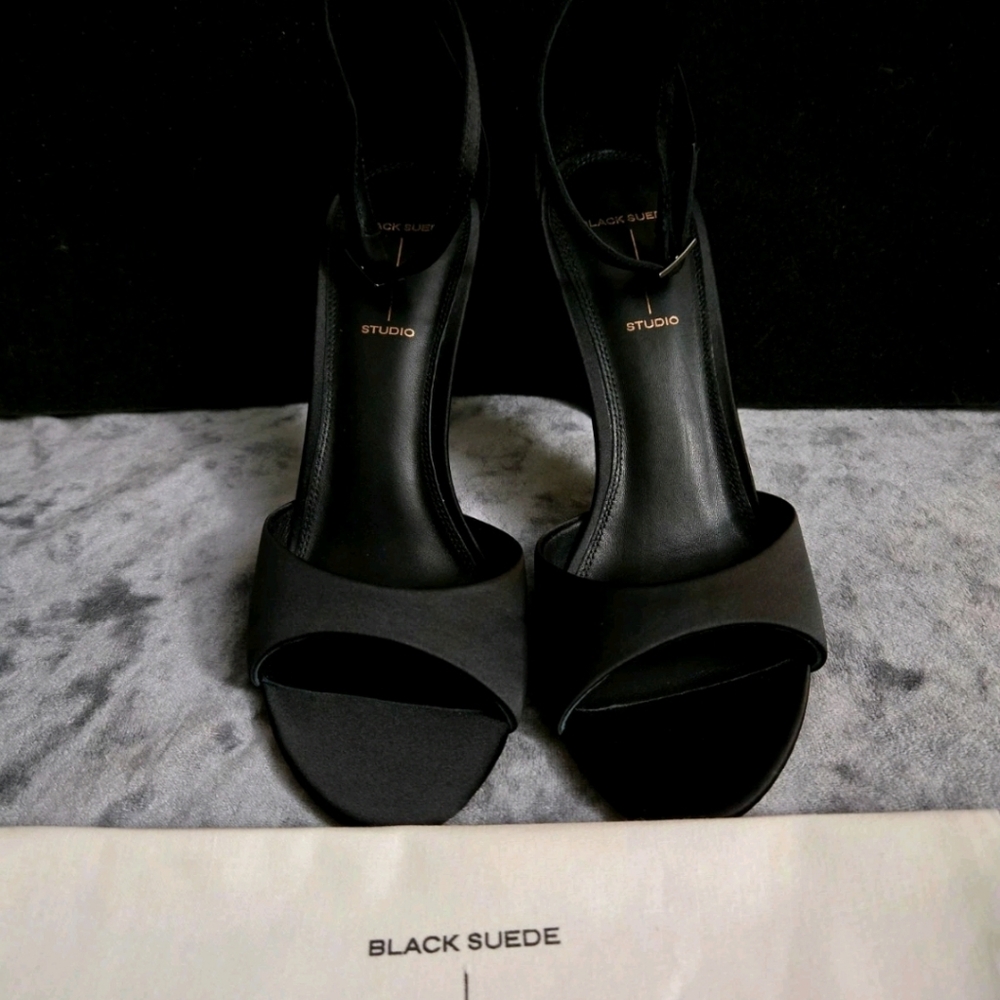 Black Suede Studio Josey 100 Black Satin Rose Heel Size 11 MSRP $328